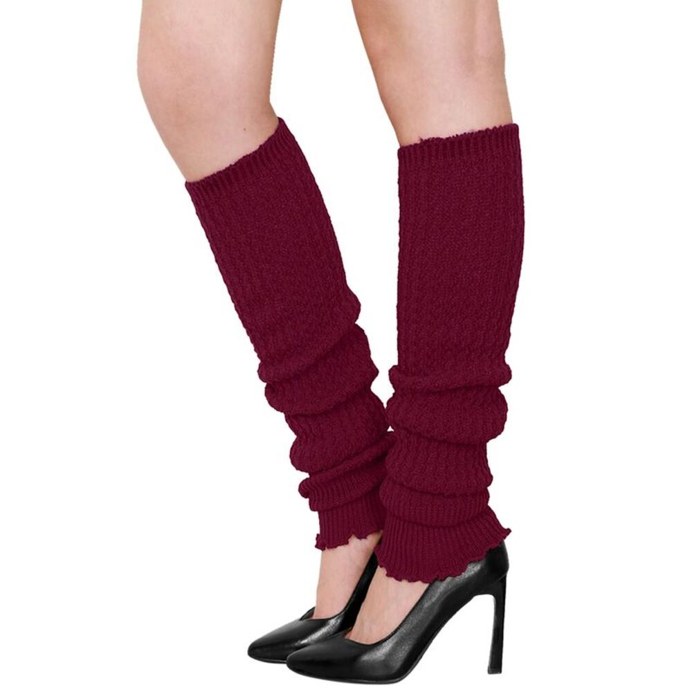 Ruffled Cuff Solid Color Knee High Knitted Leg Warmers Red One Size Fit All